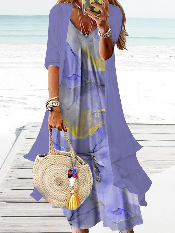 2PCS V Neck Gradient Vacation Sleeveless Dress with Cardigan
