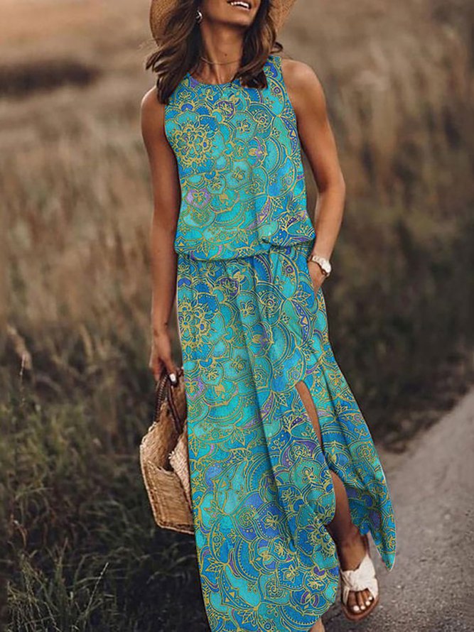 Tribal Crew Neck Sleeveless Woven Dress