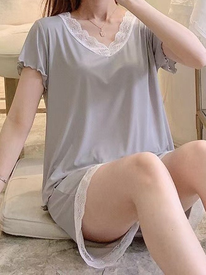 Lace Panel Loose Short Sleeve Shorts Pajama Set
