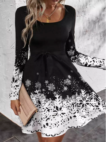 Snowflake Crew Neck Casual Cotton-Blend Dress