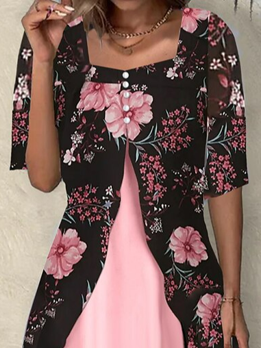 Square Neck Loose Casual Floral Dress With No Belt
