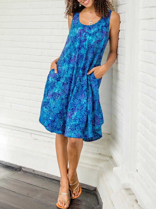 Round Neck Pockets Leaves Casual Mini Dress