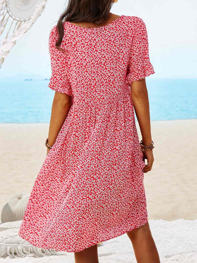 Ditsy Floral V Neck Beach Vacation Casual Mini Smock Dress