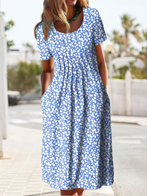Round Neck Pockets Floral Casual Midi Prom Dress