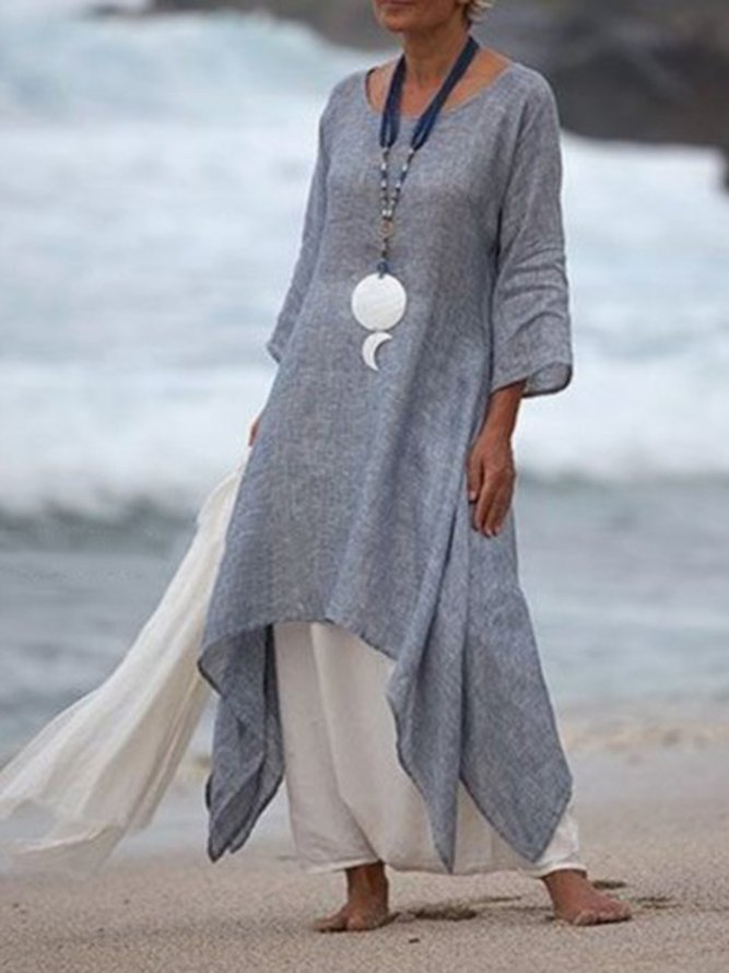 Women Summer Linen 3/4 Sleeve Daytime Crew Neck Asymmetric Dress