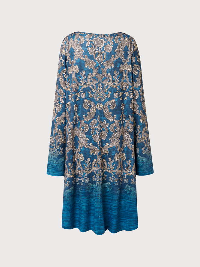 V Neck Casual Ombre Tribal Autumn Natural Loose Dress