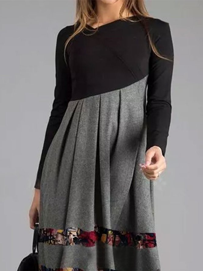 Women Abstract Long Sleeve Cotton-Blend Weaving Dress