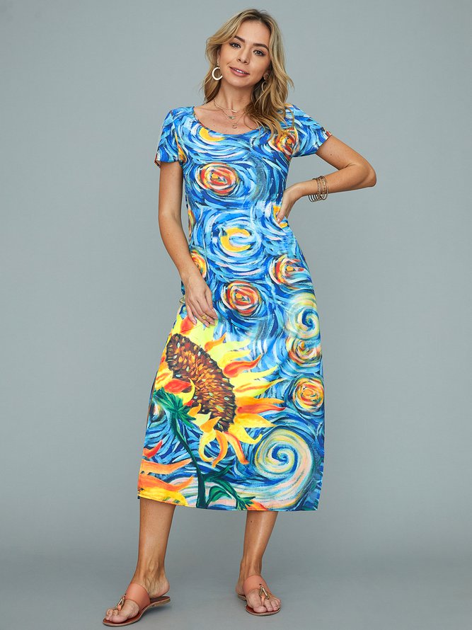 Round Neck Sunflower Floral Beach Vacation Midi Dresses
