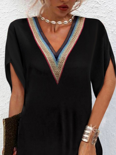 Loose Simple Plain V Neck Lace Dress