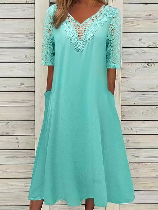 Women's Half Sleeve Scoop Neck Lace Stitching Midi Dress