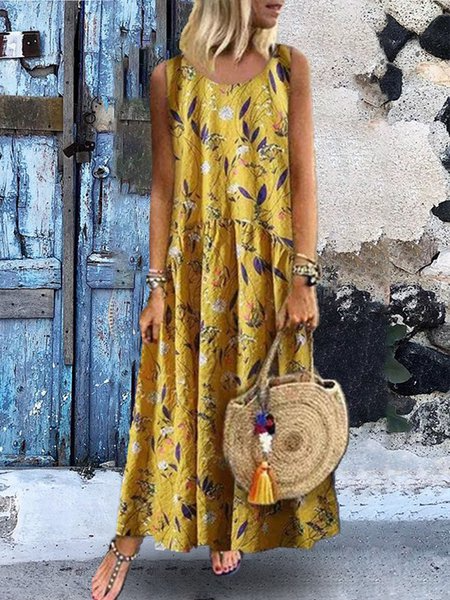Sleeveless Floral Printed Casual Maxi Weaving Dress