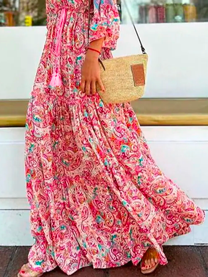 Loose V Neck Floral Boho Dress