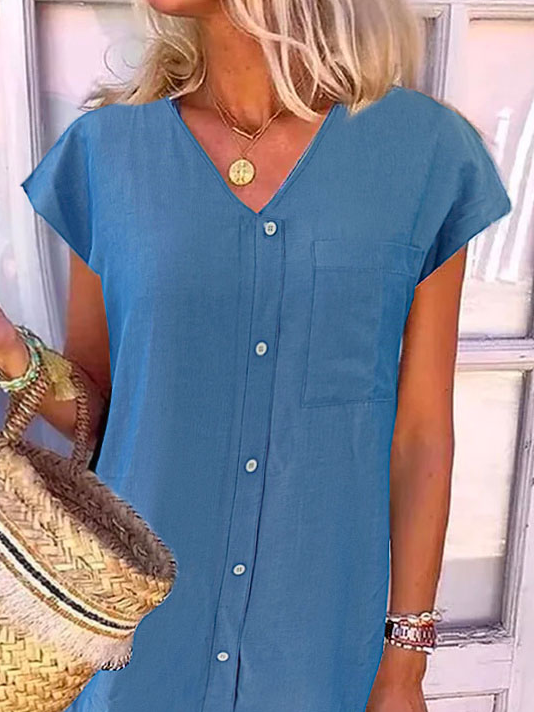 Casual Loose V Neck Vintage Short Sleeve Plain Mini Denim Blue Dress