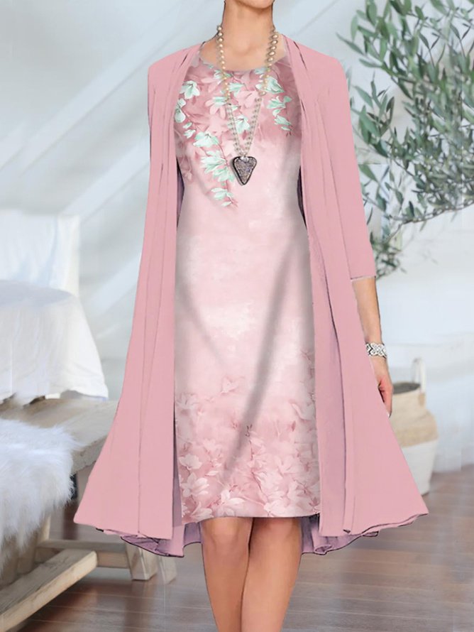 2PCS Round Neck Floral Casual Dress & Cardigan