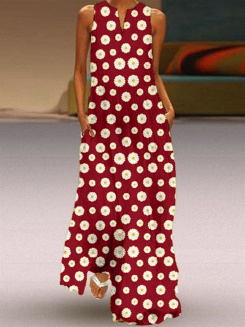 Daisy Print Casual Sleeveless Maxi Weaving Dress