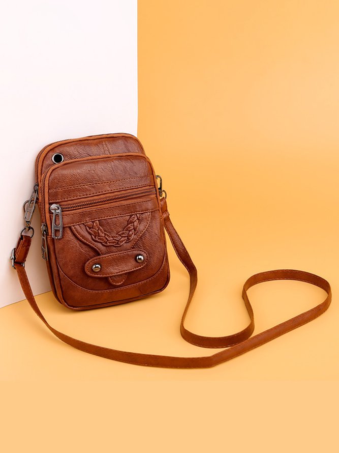 Antique Soft Leather Zip Multi Pocket One Shoulder Crossbody Bag