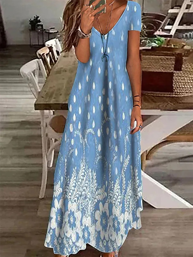 V Neck Floral Short Sleeve Casual Vacation Maxi Dress