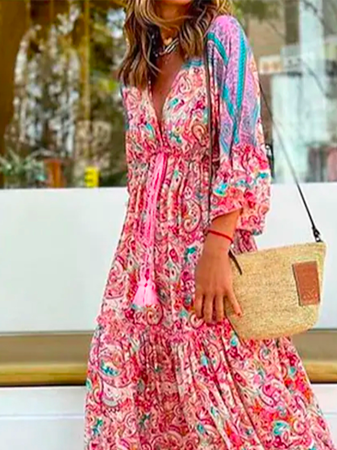 Loose V Neck Floral Boho Dress