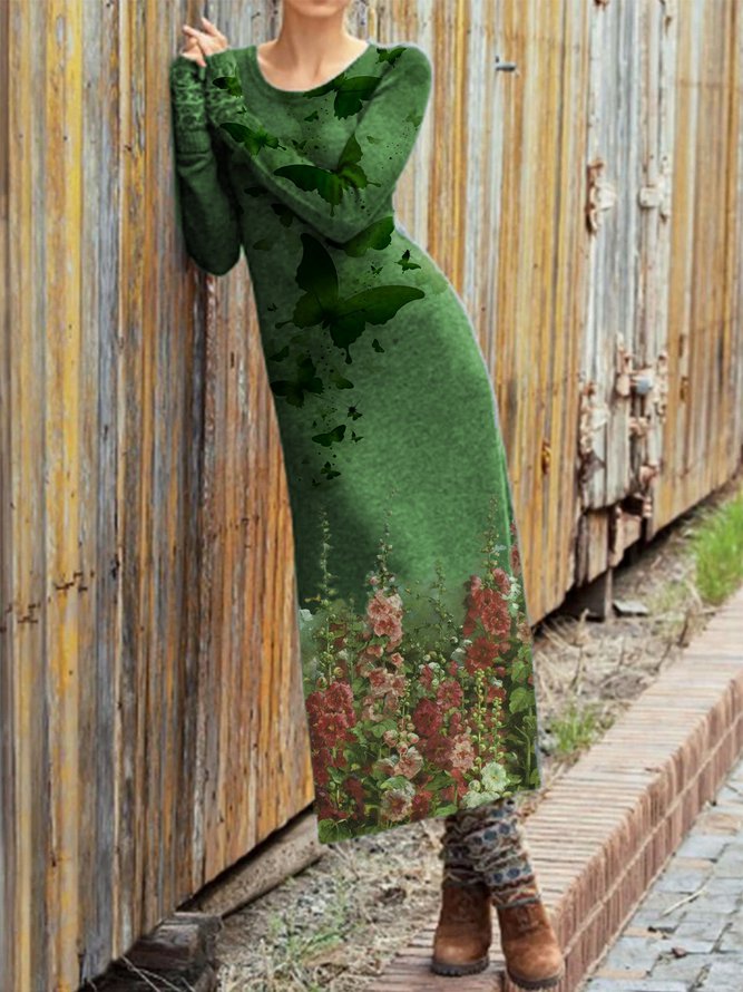 Cotton-Blend Long Sleeve Knitting Dress