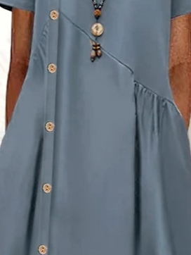 Round Neck Plain Short sleeve Buttoned Casual Midi Dress