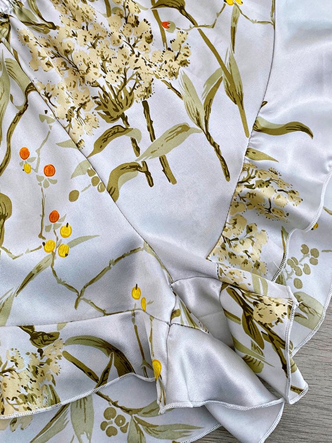 Elegant Ruffled Silk Floral-Print Camisole Pajama Set