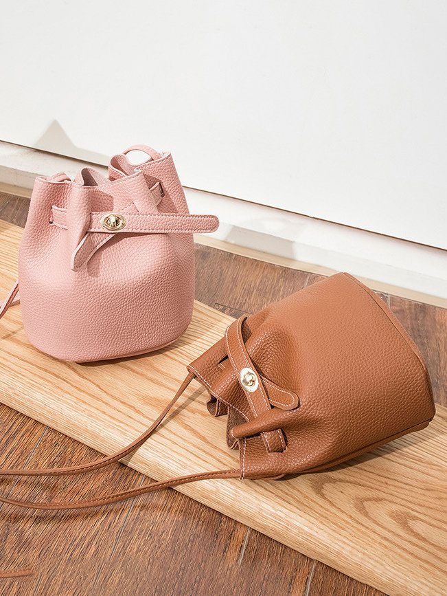 Urban Casual Leather Imitation Drawstring Twist Lock Bucket Bag Messenger Bag Women