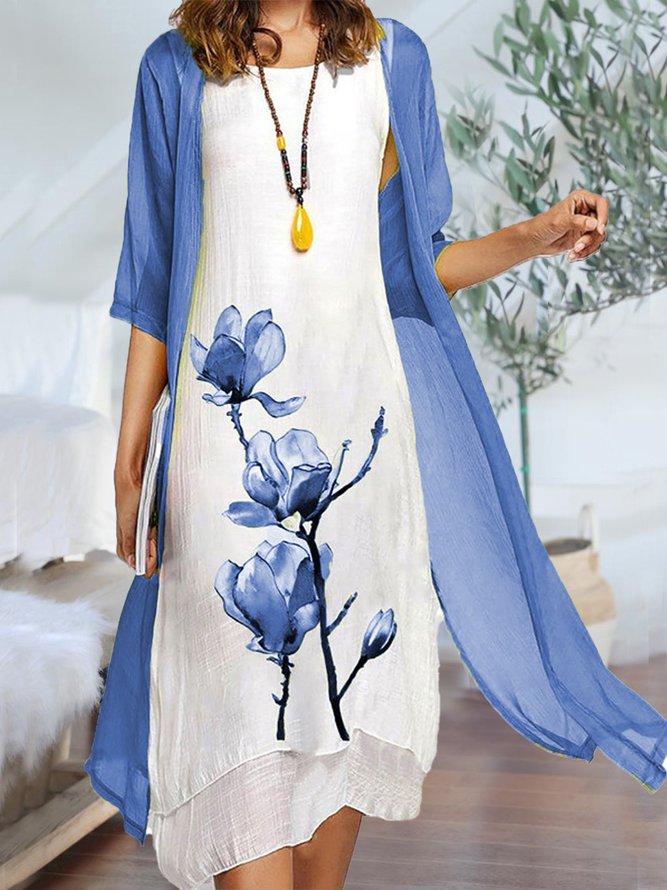 Round Neck Two Piece Floral Linen Casual Midi Dresses