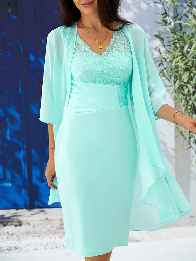 Elegant Plain Lace Stitching Vest Knitted Dress & Cardigan Two-piece Set