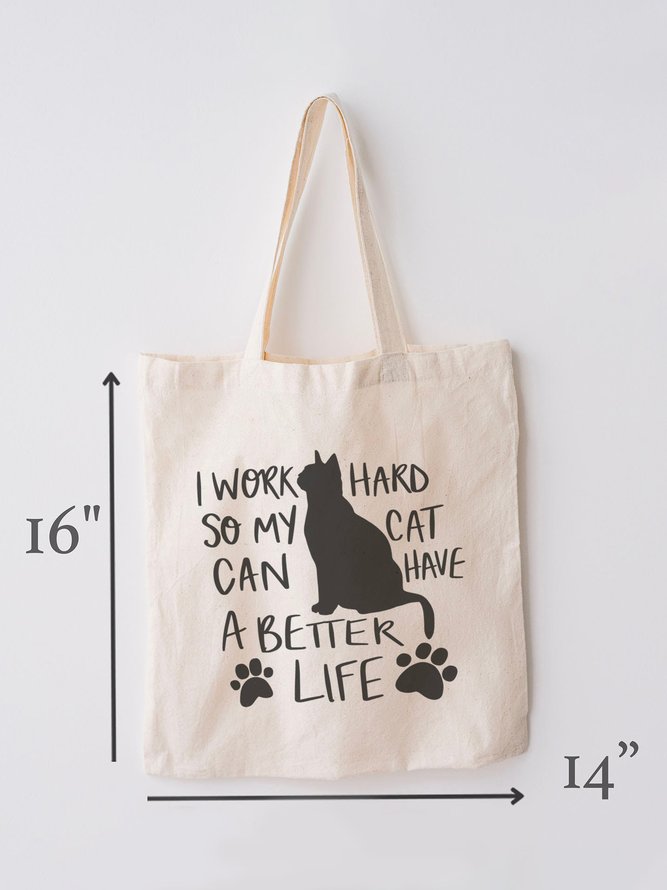 “I Work Hard” Alphabet Cat Pattern Canvas Shoulder Bag Daily Casual Women Large Capacity