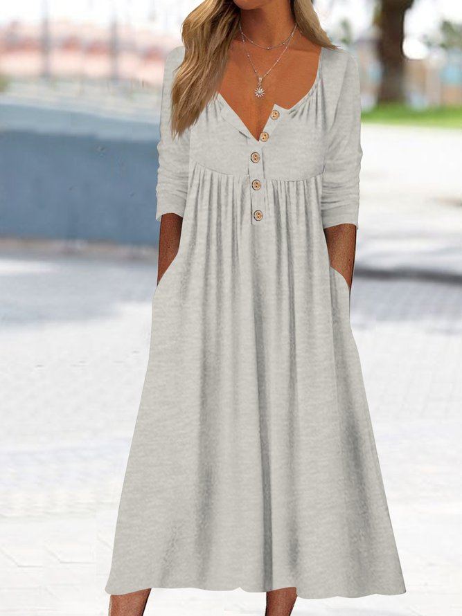Plain Simple Autumn Buttoned Natural Midi Half Open Collar Dress
