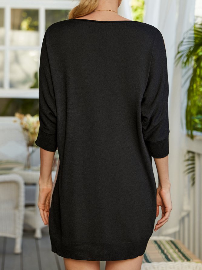 V Neck Geometric Casual Cotton Blends Color Block Knitting Dress