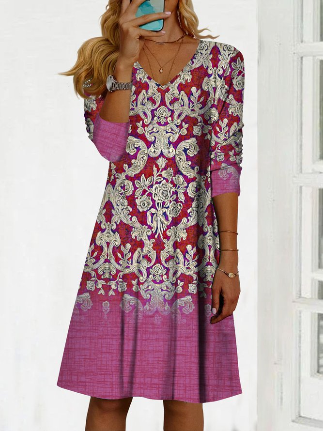 V Neck Casual Ombre Tribal Autumn Natural Loose Dress