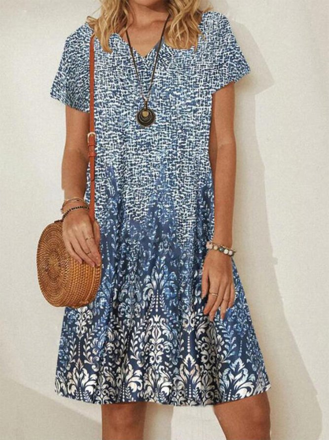 Loosen Tribal Vacation Short Sleeve Woven Dress