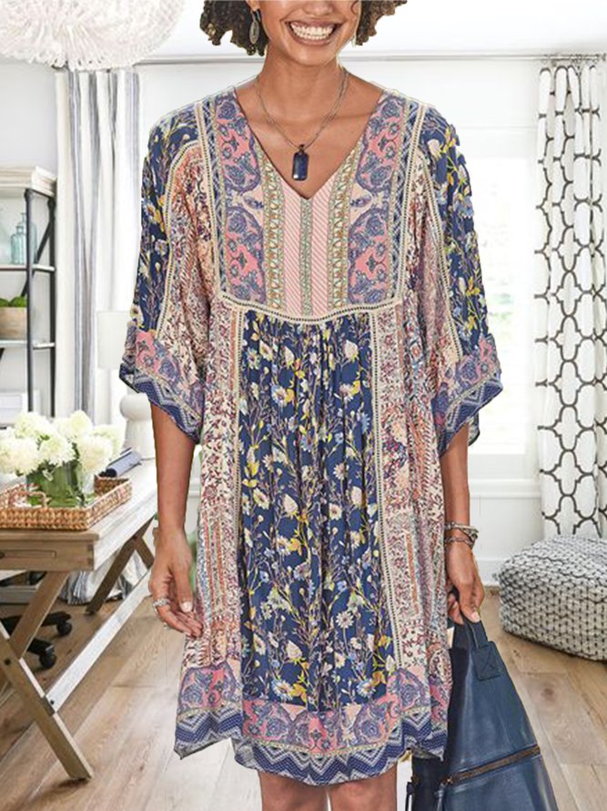 Half Sleeve Casual Cotton-Blend V Neck Weaving Dress