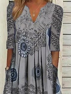 V Neck Loose Ethnic Midi Dress