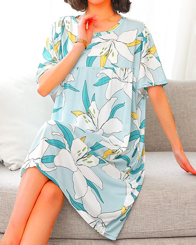 Loose Floral Crew Neck Casual Nightdress