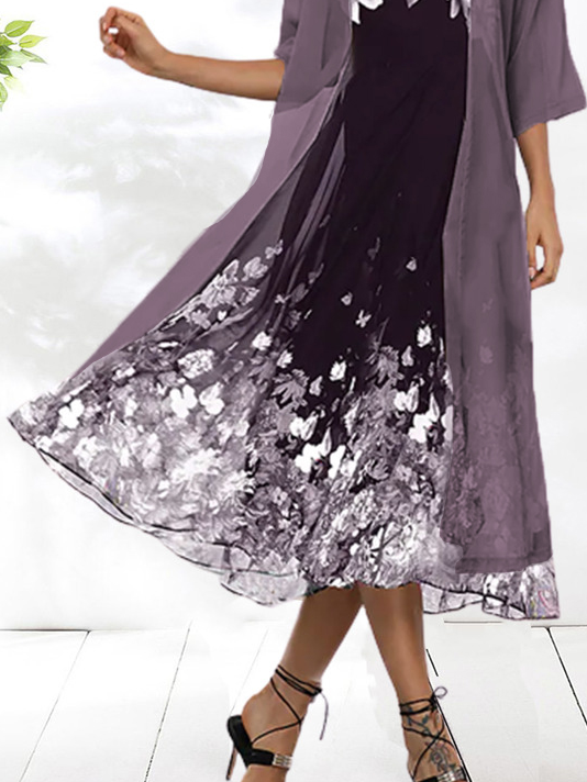 Round Neck 2PCS Floral Vacation Casual Midi Dress