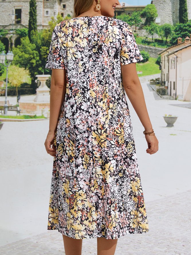 Crew Neck Floral Pockets Vacation Midi Dress