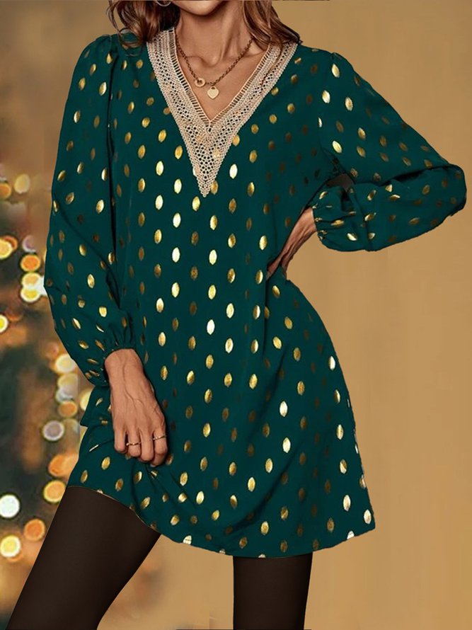 Gold Dot Print Guipure Lace Panel Lantern Sleeve Dress