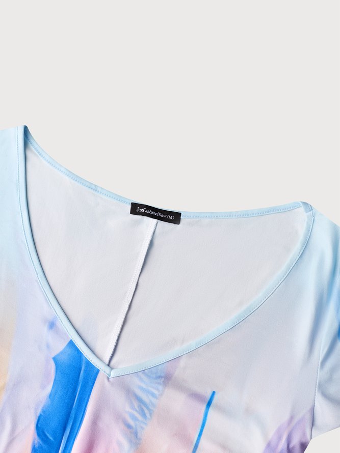 Vacation Feather Pattern Pattern Short sleeve V neck Dress