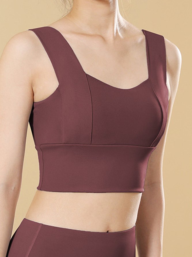 Wide Shoulder Straps Push Up Neck Long Hem Sports Bra