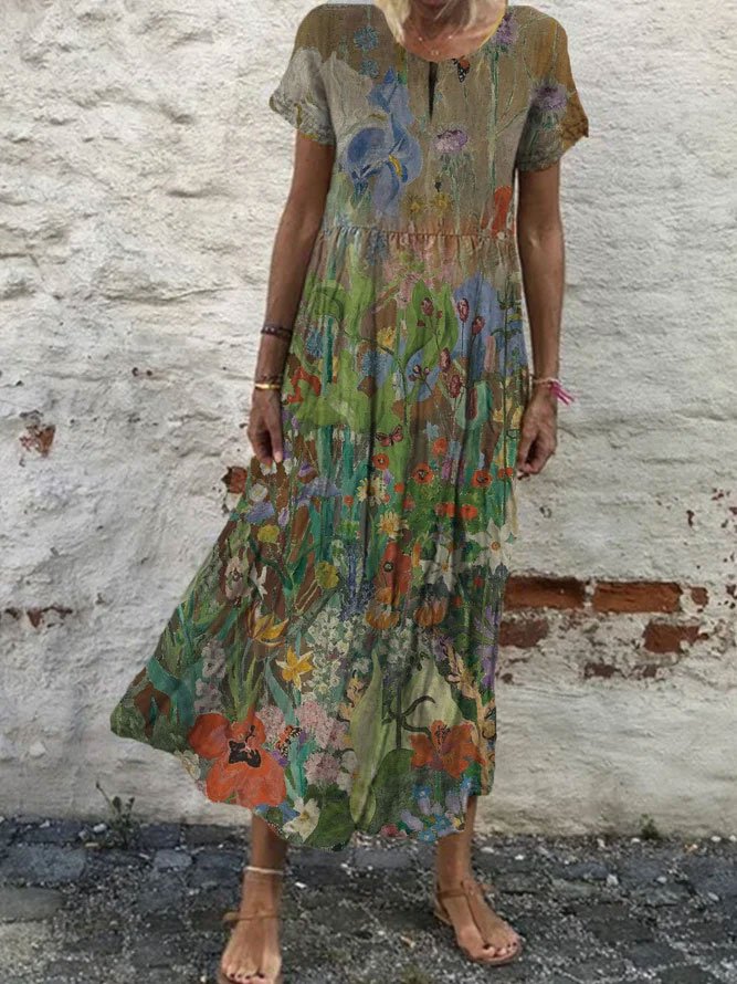 Round Neck Floral Vacation Midi Dress