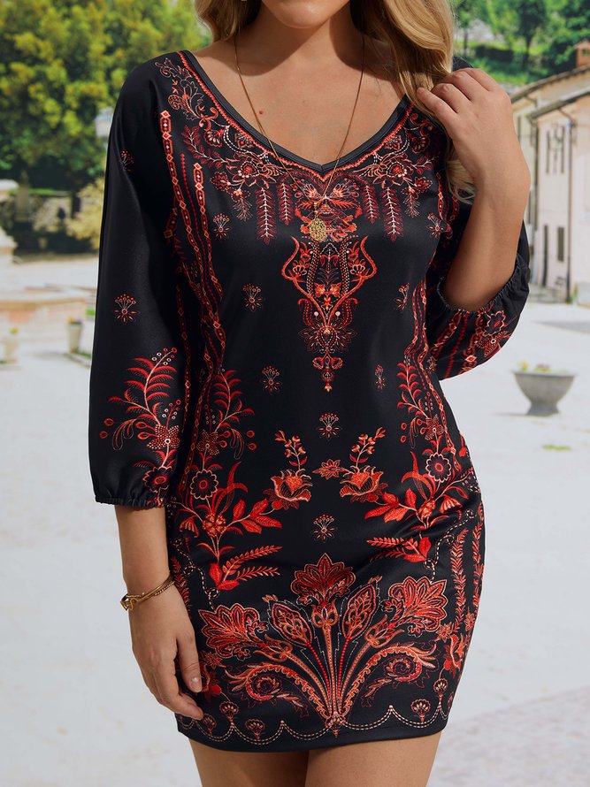 Casual Loose V Neck Ethnic Dress