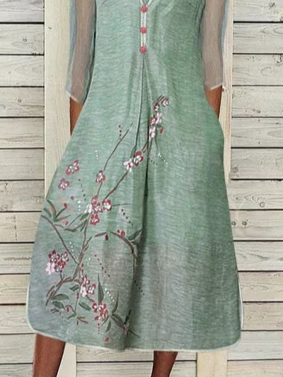 V Neck Casual Floral Linen Dress