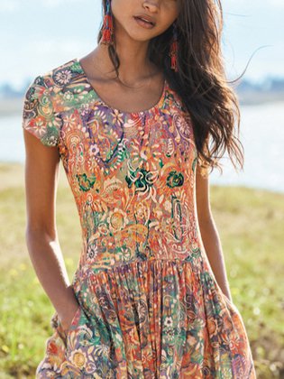 Round Neck Floral Boho Vacation Mini Dress