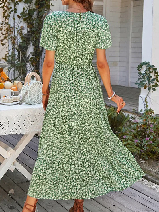 Ditsy Floral V Neck Loose Vacation Dress