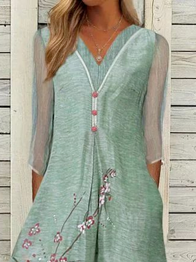 V Neck Casual Floral Linen Dress
