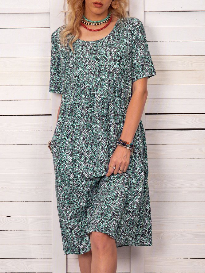 Women Fashion Summer Printed Midi Dress Crew Neck Dresses