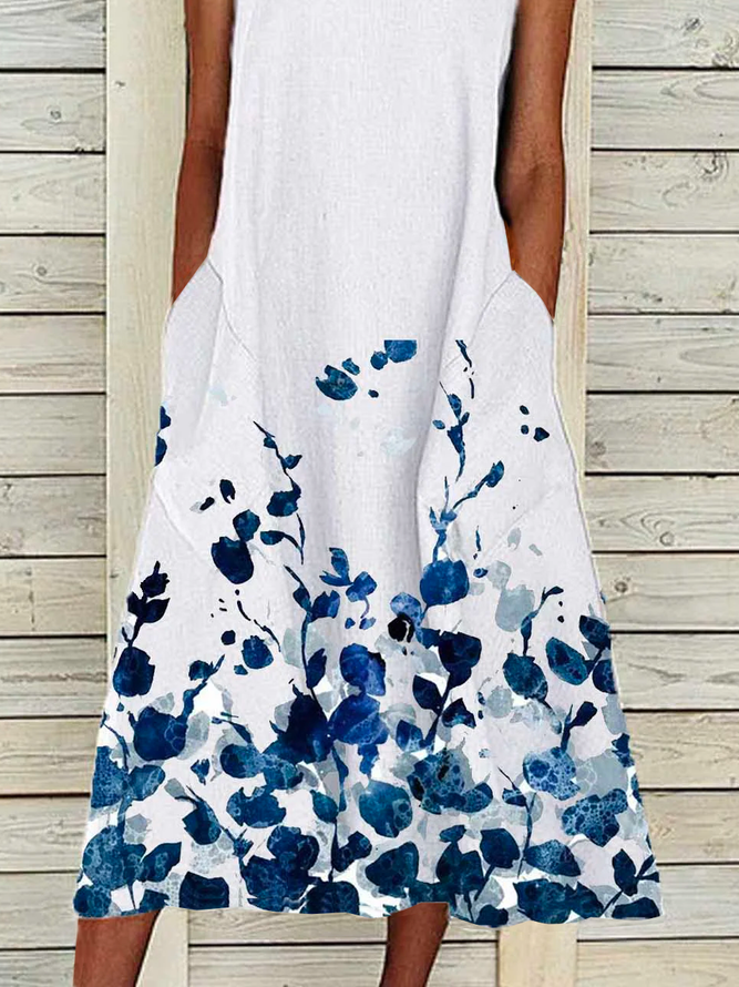 White Cotton Round Neck Patchwork Casual Weaving Dress