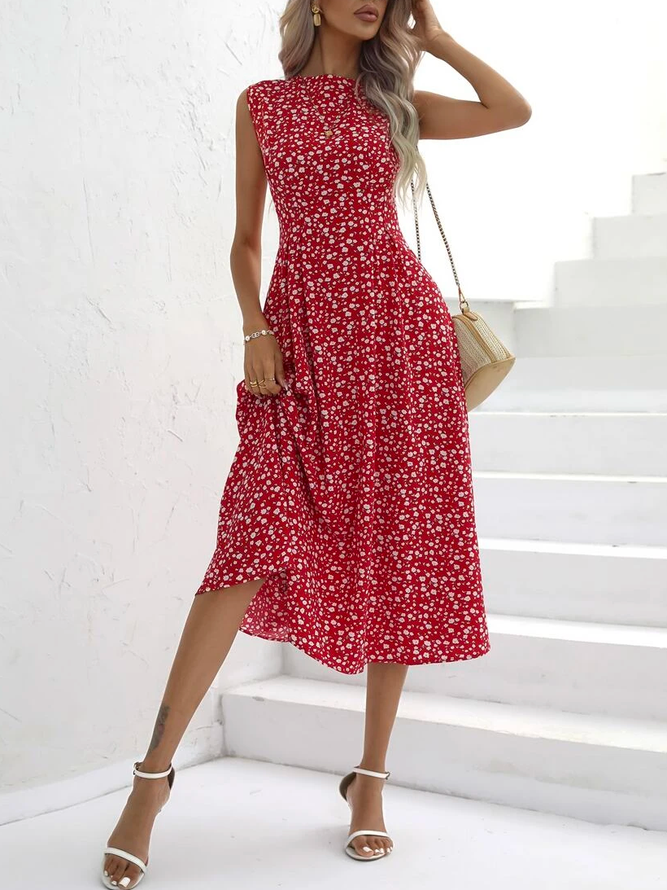 Crew Neck Loose Floral Elegant Ditsy Floral Print Sleeveless Dress